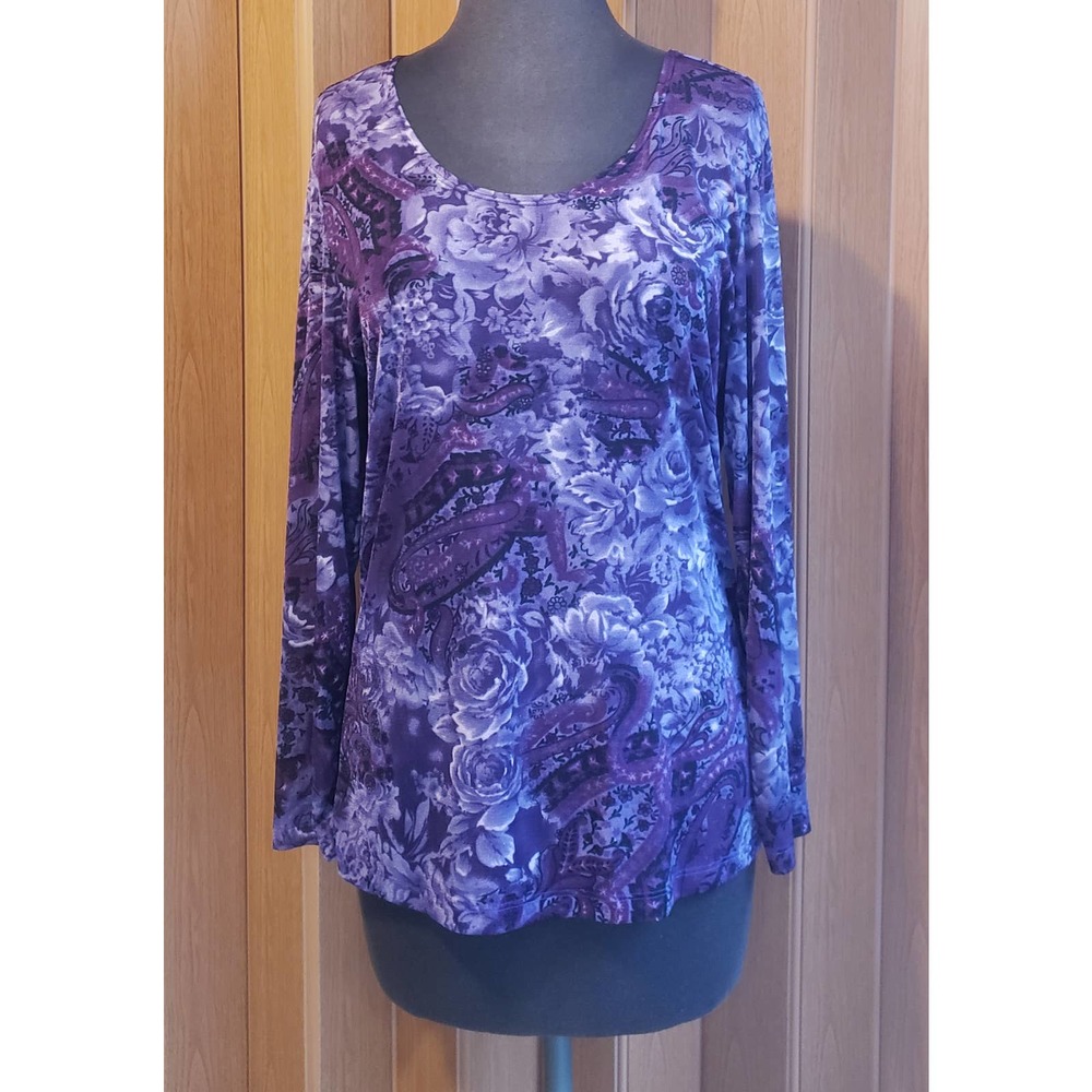 Susan Lawrence  Large purple, lavender flower print long sleeve blouse